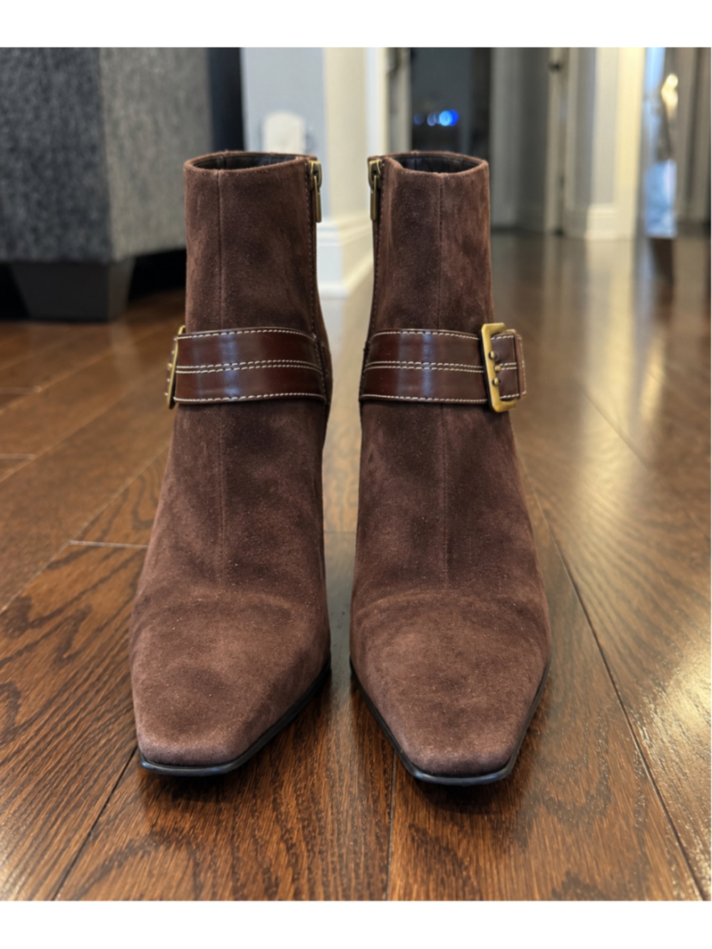 Women's Anne Klein Brown Suede Ankle Boots with Buckle Detail, Size 8